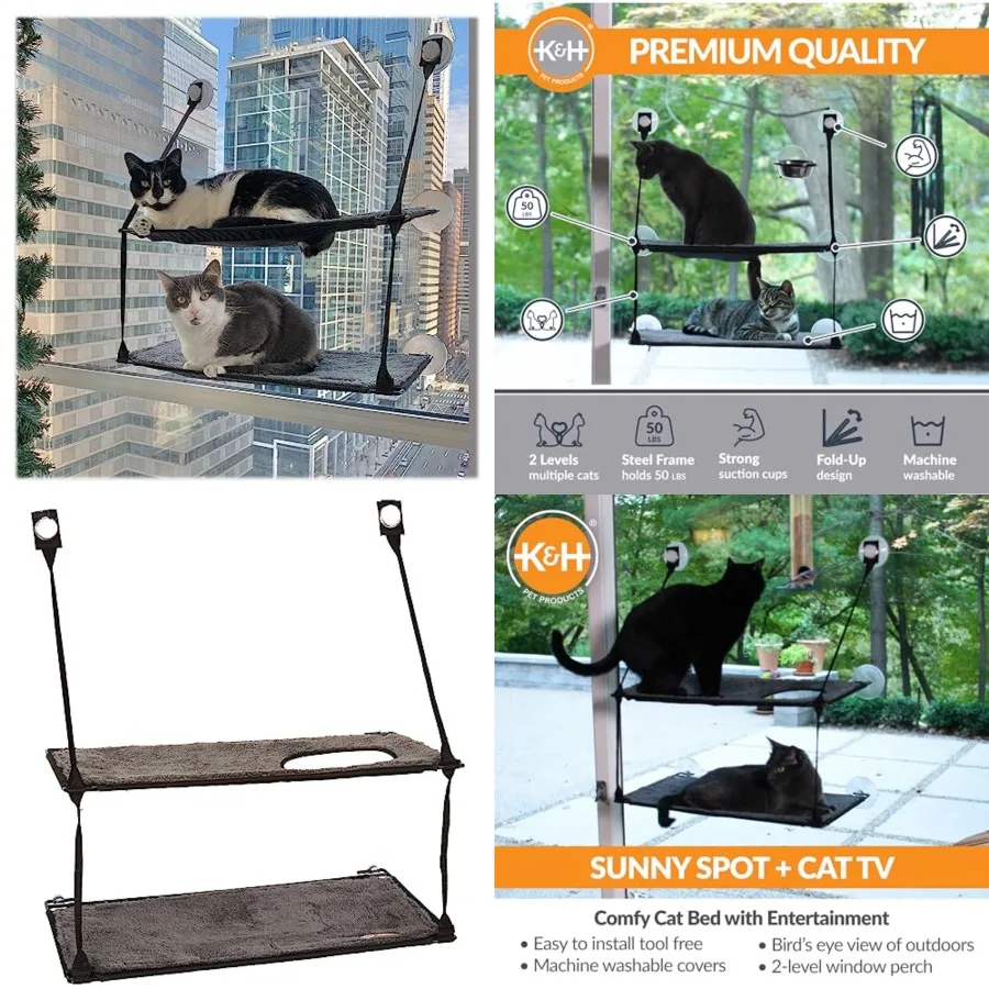 

EZ Mount Cat Window Perch for Large Cats, Sturdy Window Hammock Bed, Steel Frame, Sturdy Suction Cups, 2 Washable Shelf Covers,