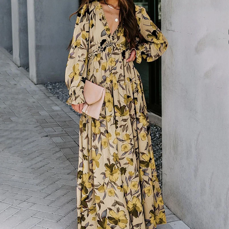 Elegante floral feminino verão praia vestido longo primavera casual plissado em camadas de manga comprida vestidos maxi vestidos de festa