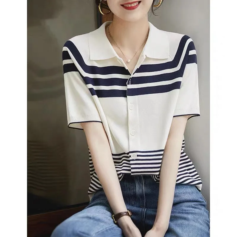 ice silk short sleeve POLO collar stripe cotton thread loose knit cardigan T shirt women\'s summer dress versatile slim top