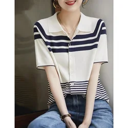 ice silk short sleeve POLO collar stripe cotton thread loose knit cardigan T shirt women's summer dress versatile slim top