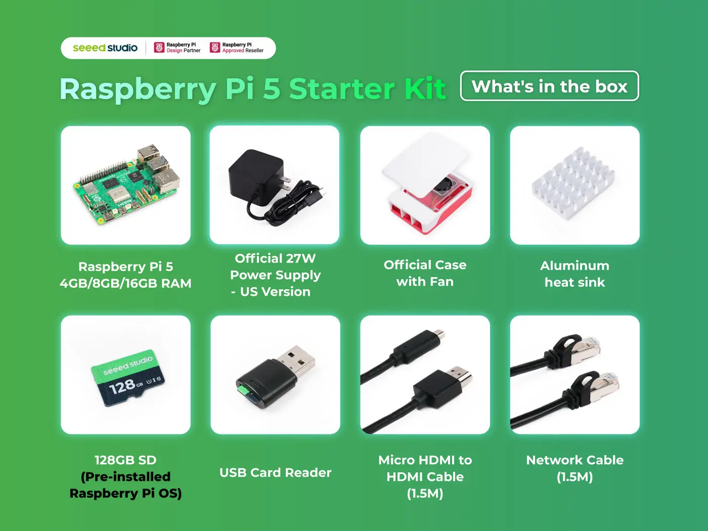 Seeed Studio Raspberry Pi 5 Starter Kit - 4GB/8GB/16GB RAM,128GB Micro SD Card Pre-loaded with 64-bit Raspberry Pi 5 Starter Kit