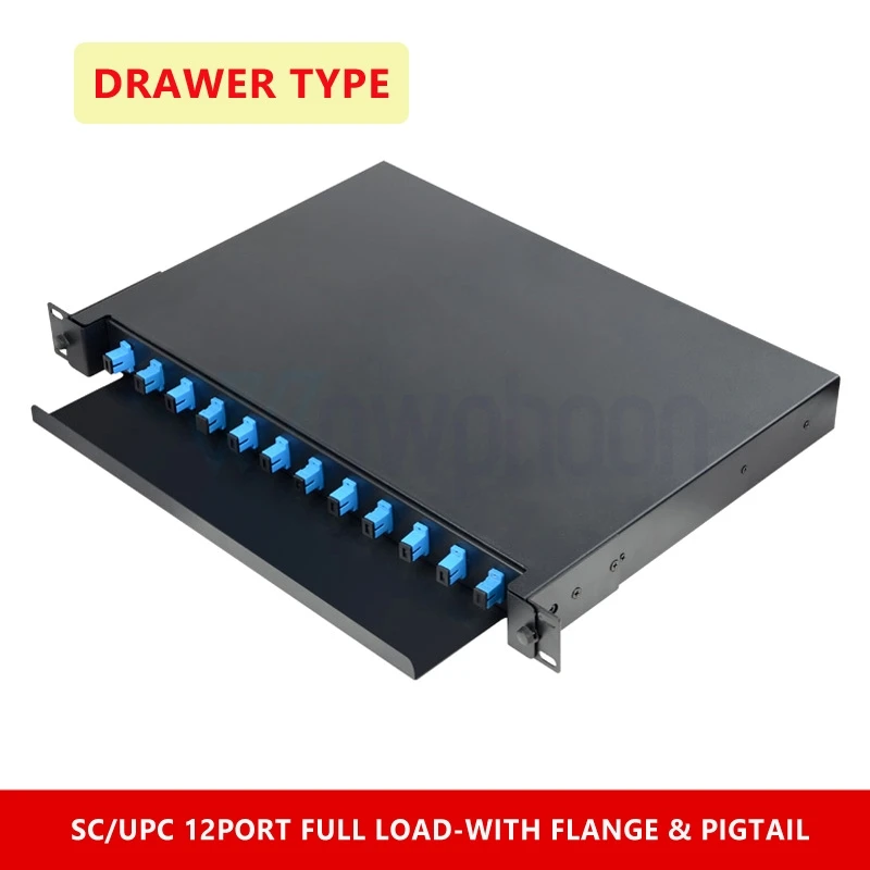 Rack Mounted Fiber Optic Patch Panel, Customized Drawer Type, 12PCs, 24PCs, SC, FC, LC, ST Adapter, Simplex Pigtail