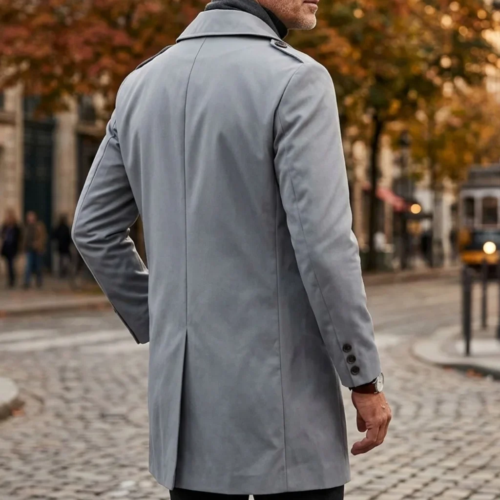 Herbstliche Herren-Windjacke: Dünne, zweireihige Jacke mit Epauletten – Mittellange Outdoor-Reise-Windjacke für Herren – Detail 4