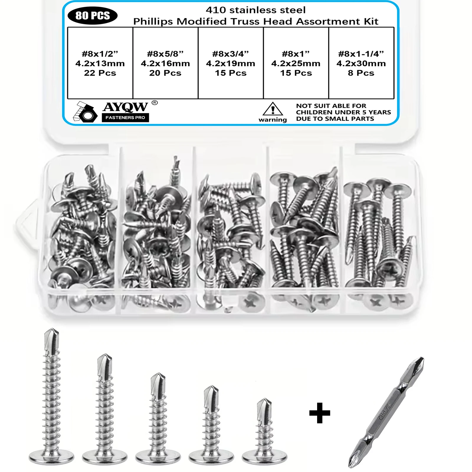 #8 Modified Truss Head Sheet Metal Screws Assortment Kit 410 Stainless Steel Self Tapping Drilling Screws for Metal Plastic Wood