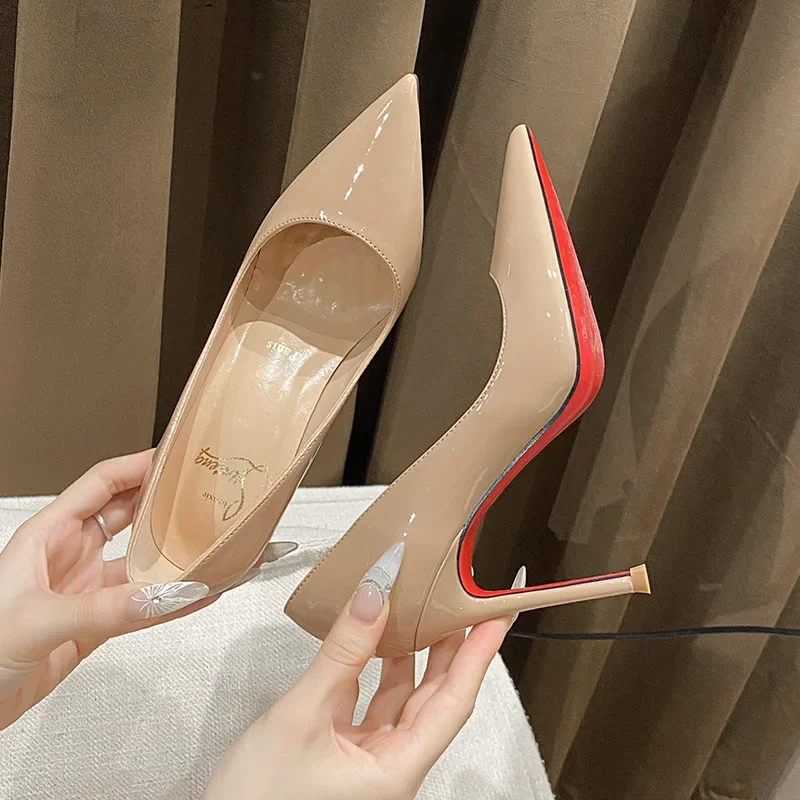 Beautiful nude high heels women's stiletto new red-soled shoes pointed temperament patent leather occupation 2302