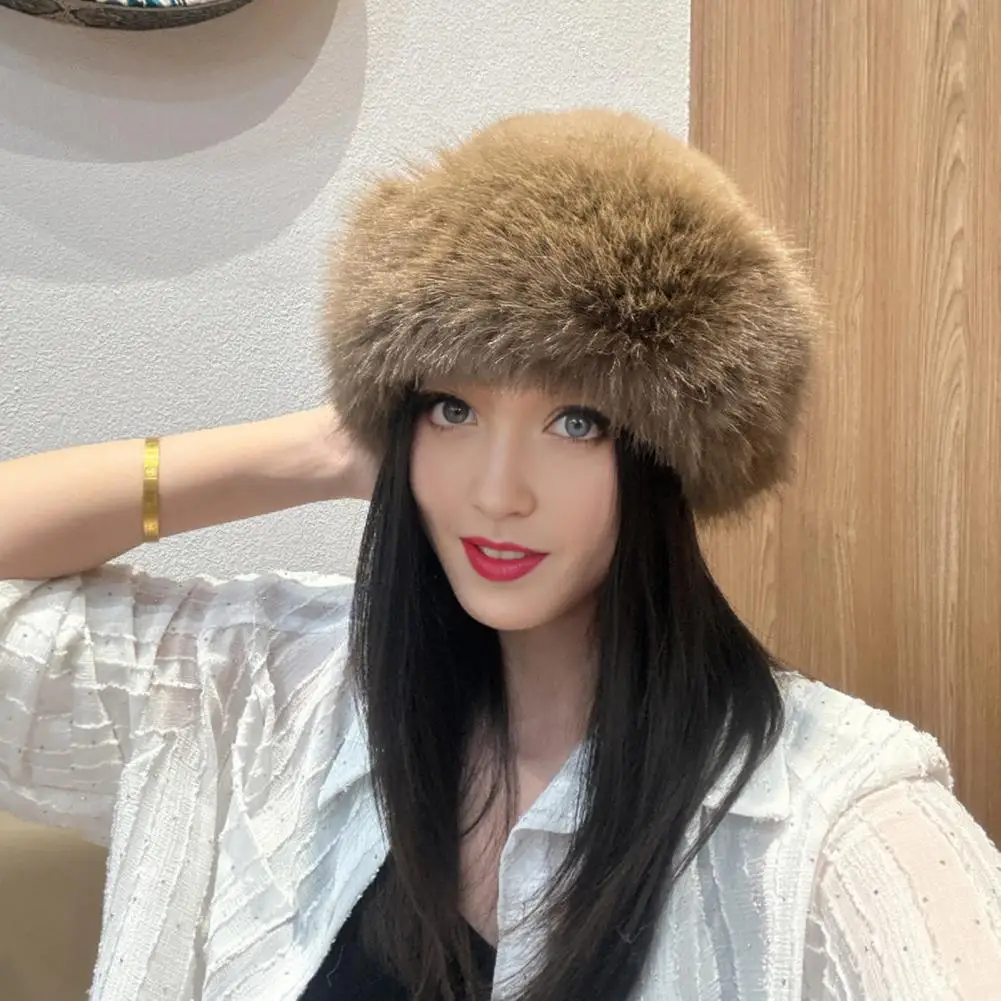 Women Winter Hat Mongolia Style Bucket Hat Thick Plush Faux Fur Heat Retention Windproof Outdoor Cycling Skiing Panama Cap