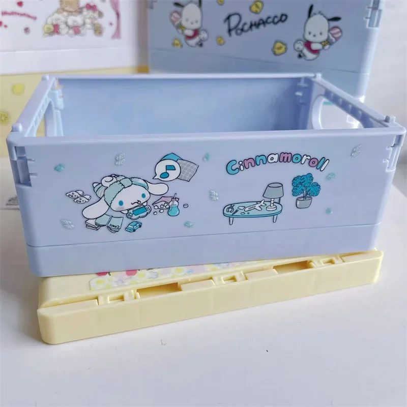 Ins Sanrio Kuromi Cinnamoroll Desktop Plastic Storage Baskets Organizer Box Folding Stackable Toy Storage Basket with Handle