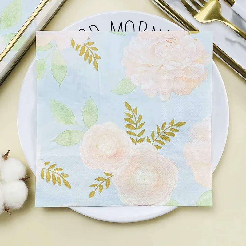 20pcs/Pac 33*33cm Blue Floral Printed Napkins Party Wedding Colourful Paper Napkins Mouth Cloth  DIY Decoupage Paper