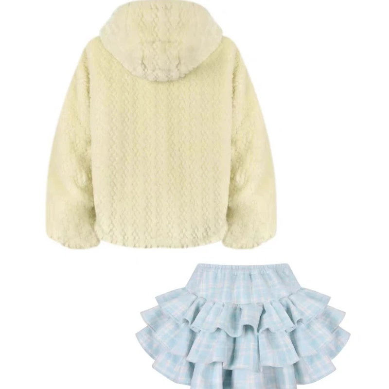 Doce lolita estilo 2 peça define feminino kawaii bola de pelúcia quente casaco com capuz xadrez mini bolo saias terno outono inverno y2k outfits