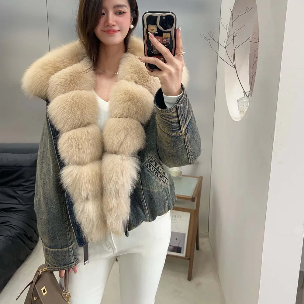 ملابس الخريف النسائية الجديدة معطف طويل الأكمام سترات الدنيم مع ياقة فرو الثعلب الحقيقي