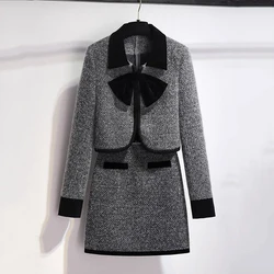 Two Piece Short Skirt Set for Autumn Doll collar Elegant Short Tweed Jacket Coat With High Waist Split Skirt Women