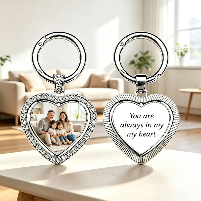 Personalised heart-shaped photo keychain | 360° rotatable double-sided custom photo keyring, custom family photo keepsake