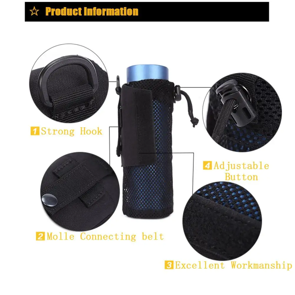 Militar Nylon Outdoor Water Bottle Bag, Bolsa de chaleira portátil, Mesh Holder, Recipiente militar, Tactical Molle Acessórios, Caminhadas