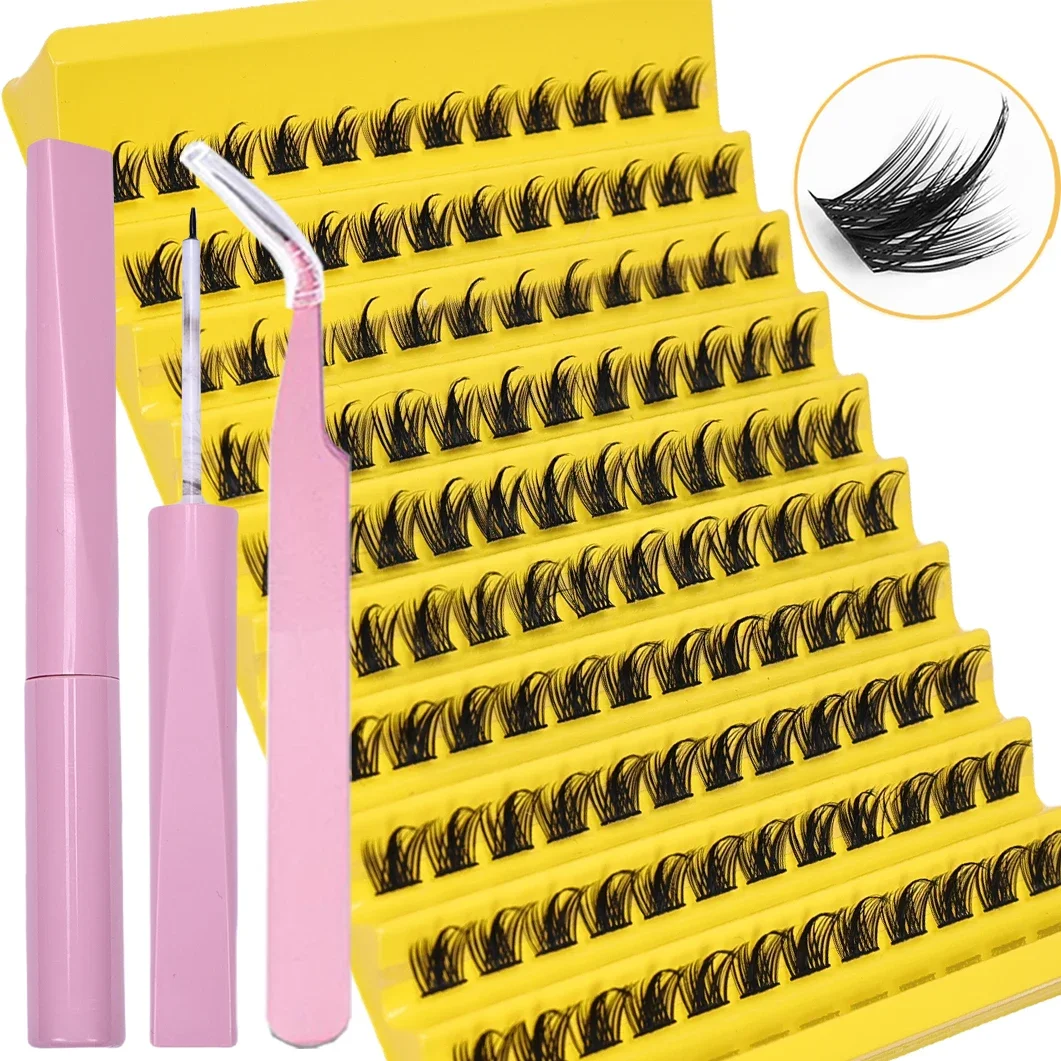 Eyelashes Extension Kit with Mixed Length Clusters and Eyelash Tweezers and Eyelash Adhesive and Sealant for use at home