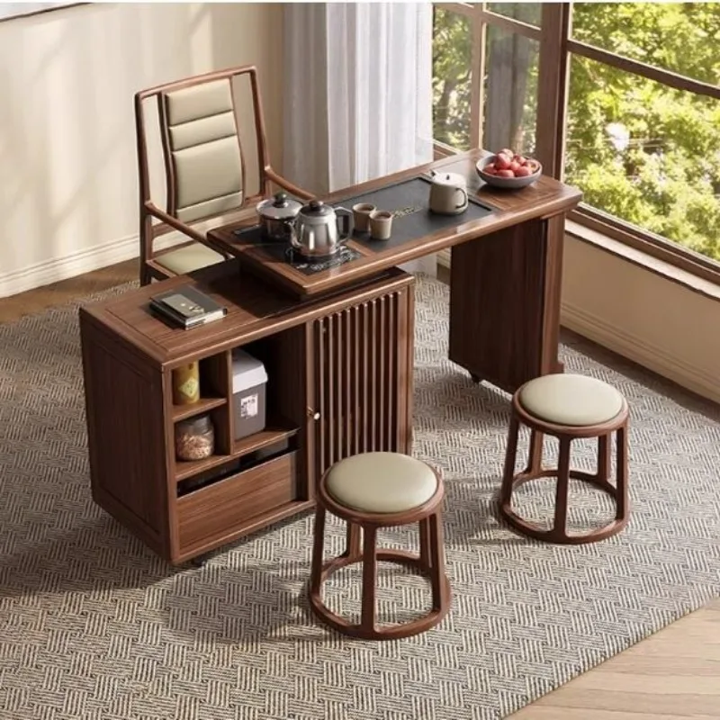 walnut all solid wood tea table and chair combination balcony with rotating tea table integrated mobile tea cart