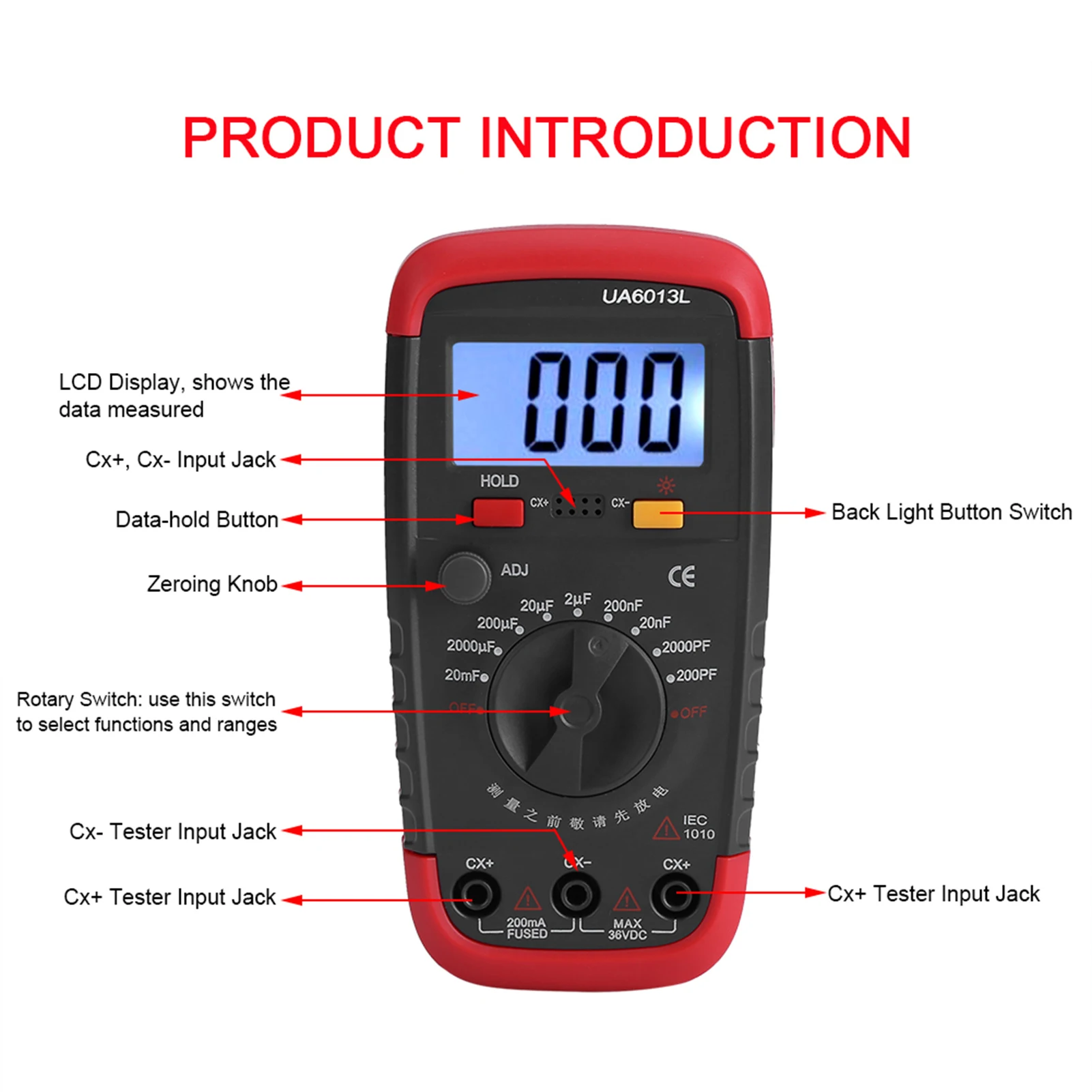 Tester per condensatori Capacitan alimentato a batteria digitale UYIGAO 6013L Display LCD