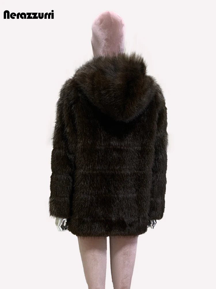 Nerazzurriฤดูหนาวหนานุ่มลายFaux Sableขนสัตว์ผู้หญิงHood Elegant Luxury ChicหลวมFluffy Jacket 2024