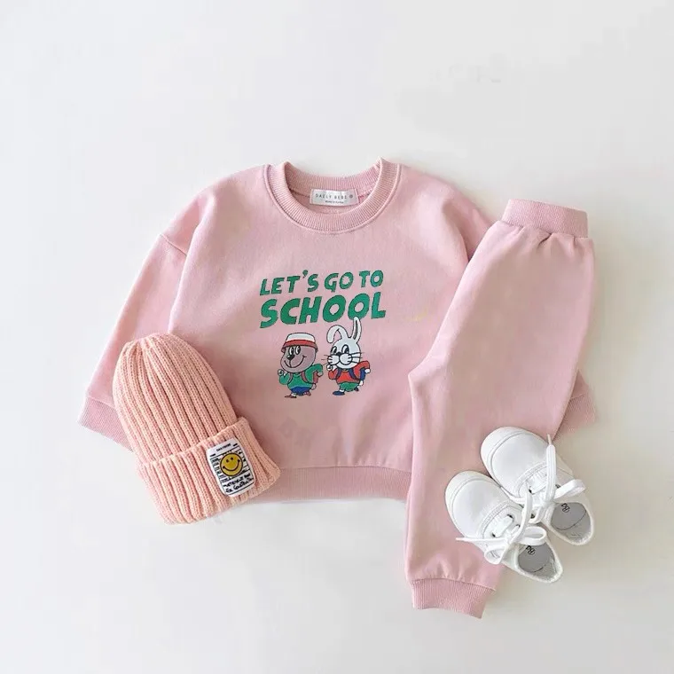 Long Sleeve Sets Cartoon Spring Autumn Costume Cartoon Print Sweatshirt +Trousers Two Piece Children New Solid Color Suits