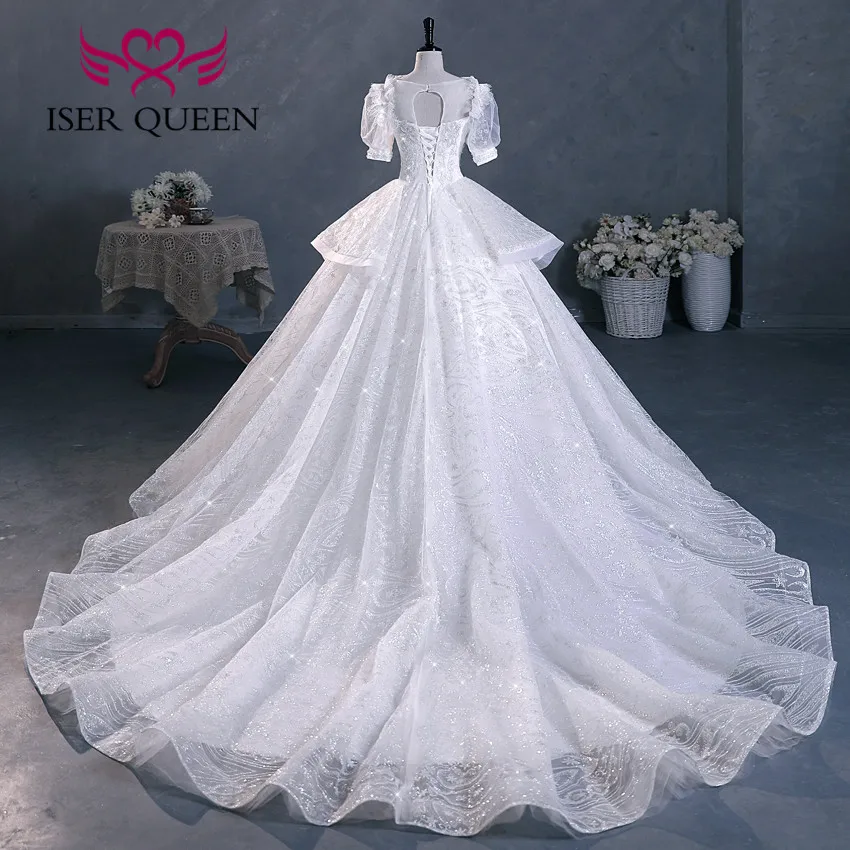 Customized Short Sleeves Bright Gilter Tulle Wedding Dress Ball Gown For Women Europe New Fashion Princess Bride Dresses WX0292