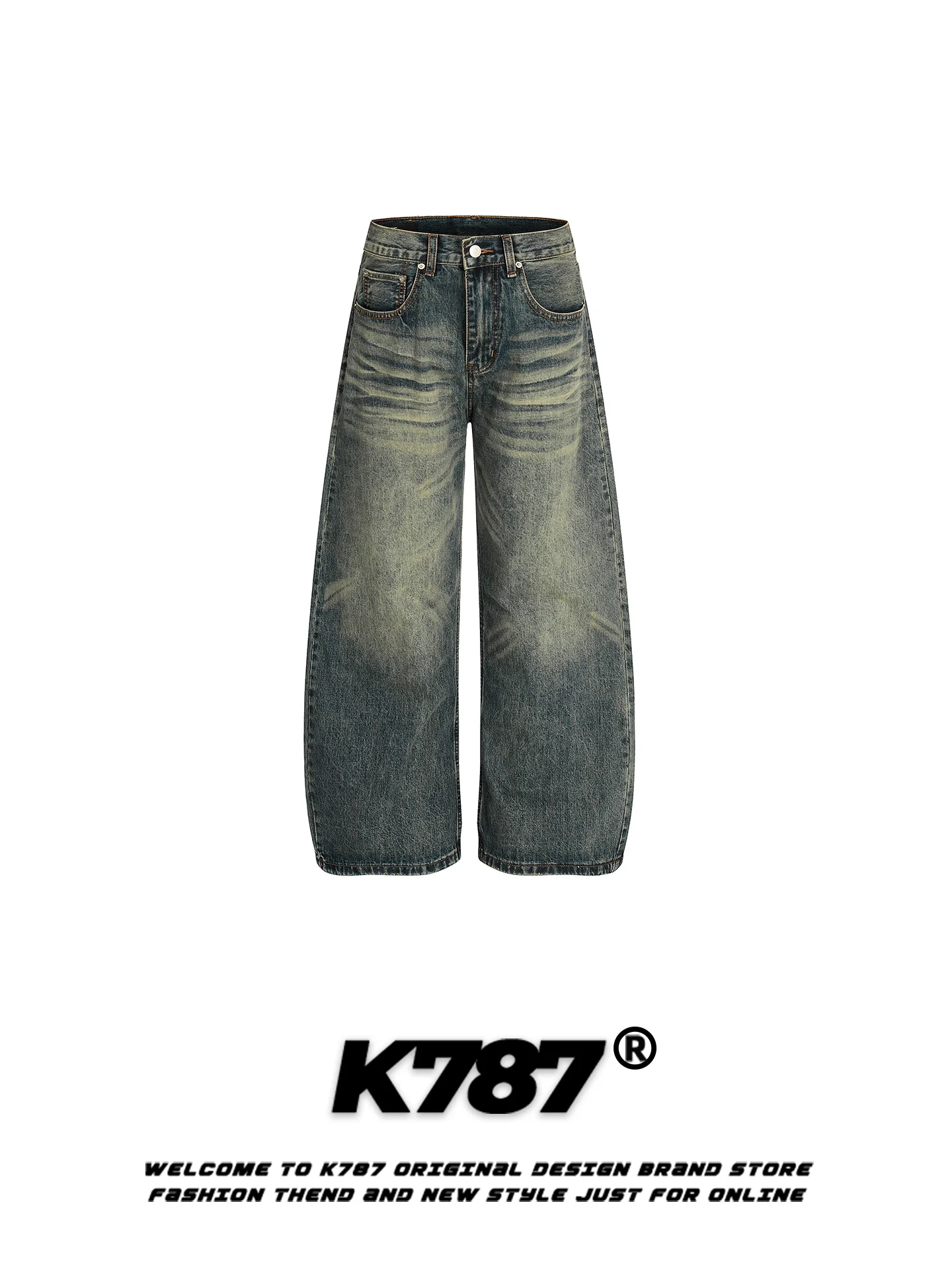 

K787 American Retro Waed Jeans Men Women Loose Straight Casual High Waist Knife Wide Leg Pants Cotton Polyester Blend