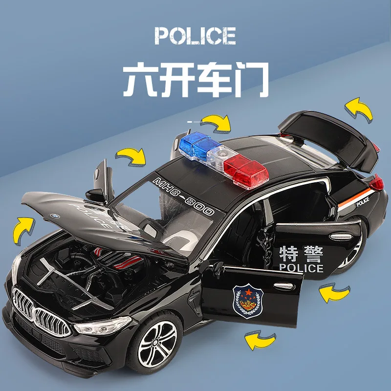 1:32 BMW M8 Police Car Model Decoration Simulation Alloy Car Model Model Sound Light Toy Pull Back Car Children Gifts