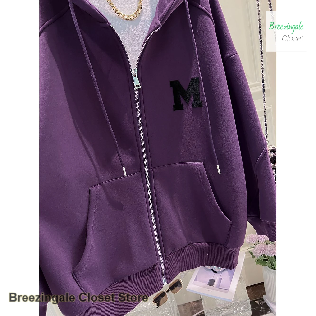 French purple style fashion plus size zipper cardigan sweater women spring and autumn retro loose fat lazy wind hooded coat.