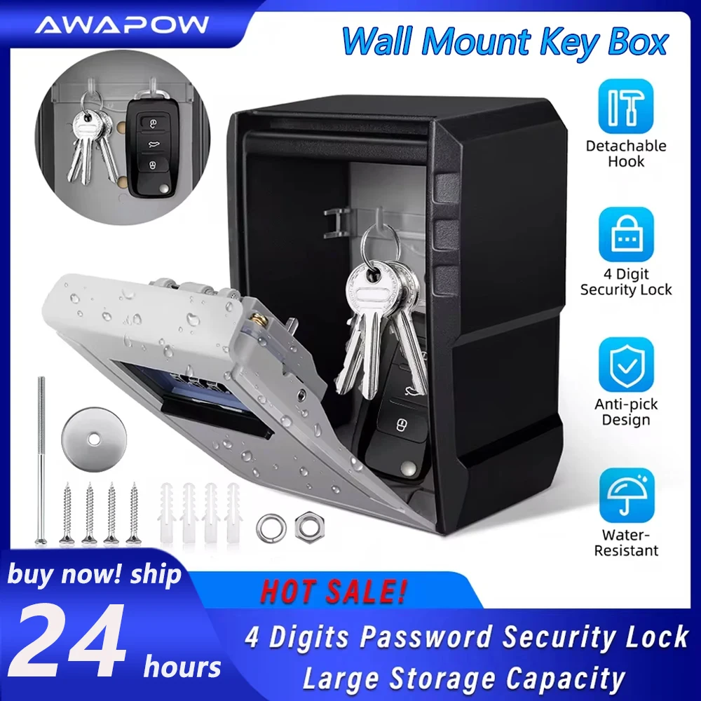 Awapow Metal Password Key Box Wall Mounted 4 Digits Password Lock Storage Box Waterproof Anti Theft Large Capacity Safe Keybox