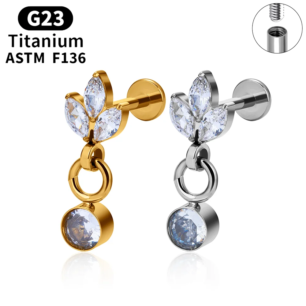 

ASTM F136 Titanium Ear Stud 16G Internal Thread Three Marquise CZ Dangle Tragus Piercing Drop Lobe Cartilage Helix Flat Earring