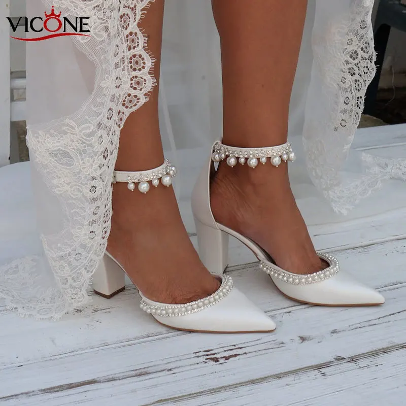 

VICONE Wedding Bride Shoes Woman Heels Shoes and Sandals White High-heeled Shoes with Pointed Toes Cross-buckle Luxery Shoes