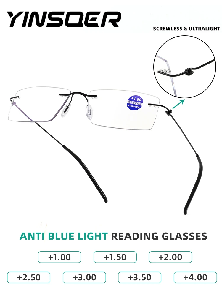 

Очки для чтения Blue Light Blockin для мужчин и женщин, сверхлегкие титановые квадратные очки без оправы с памятью + 1,0 + 1,5 + 2,0 + 2,5