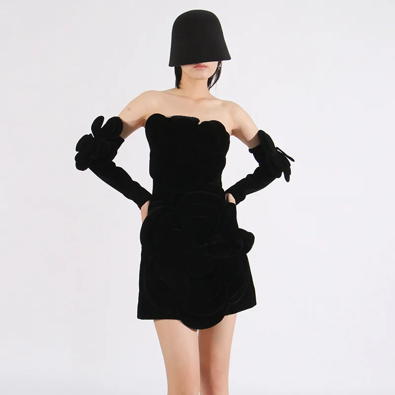 

Elegant 3D Flower Velvet Dresses Spring Women Long Sleeves Splicing Wrap the Chest Dress Summer High Waist Mini Camisole Dress