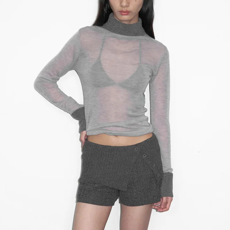 Turtleneck Patchwork Long Sleeve Tops Solid Slim Women‘s T-shirt Casual Street Women Pullover 2024 Spring Autumn Women Clothing image 6