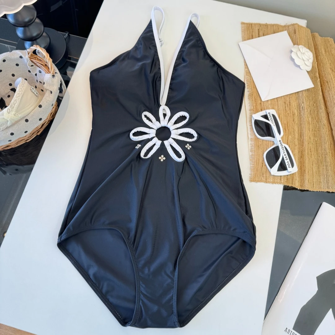 Luxury Women's Black Cutout One-Piece Swimsuit: Deep V-Neck Daisy Floral Monokini Bathing Suit for Summer Beach & Hot Spring - view 2