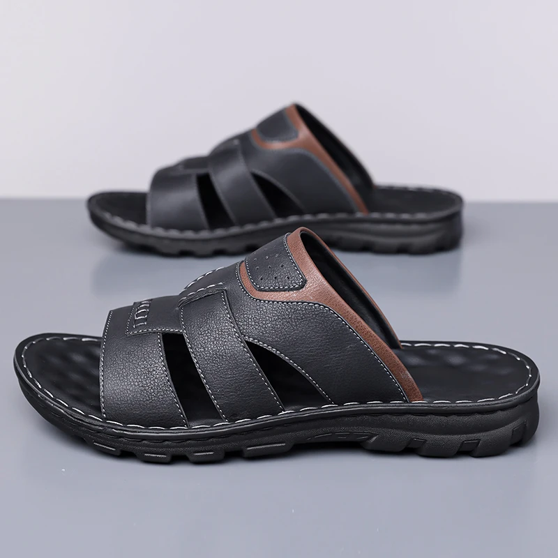 Handmade Leather Slippers For Men Beach Summer Walking Shoes Slip on Light Male Flats Men Outdoor Half Drag Shoes Big Size 48