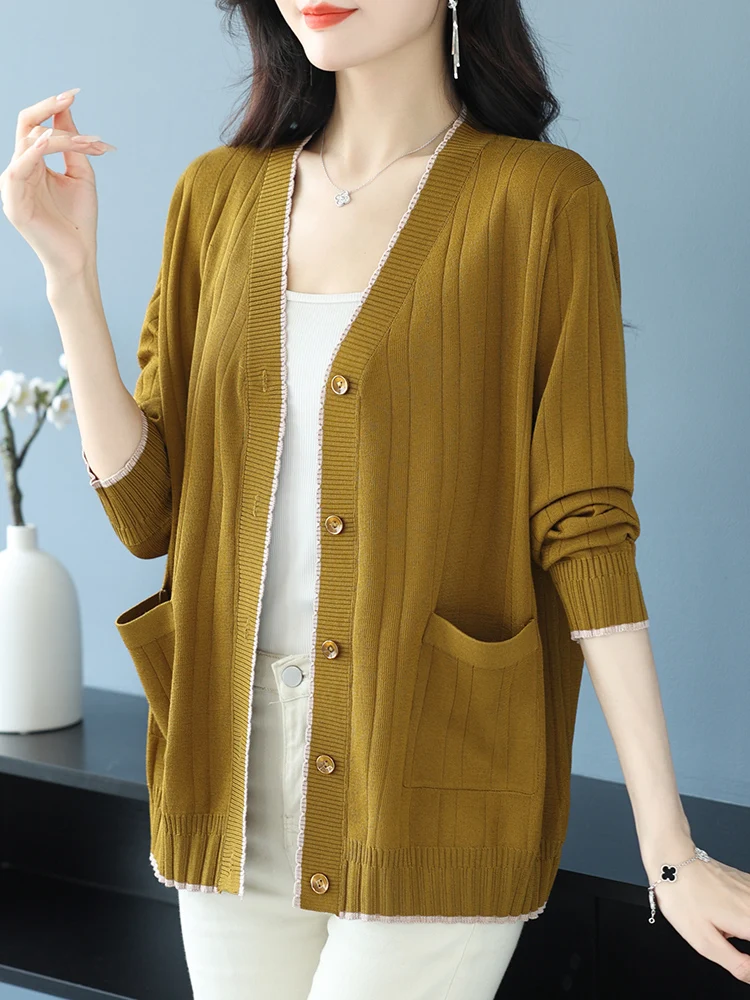 Pull cardigan à manches longues pour femmes, tricot à simple boutonnage, vêtements solides, printemps, automne