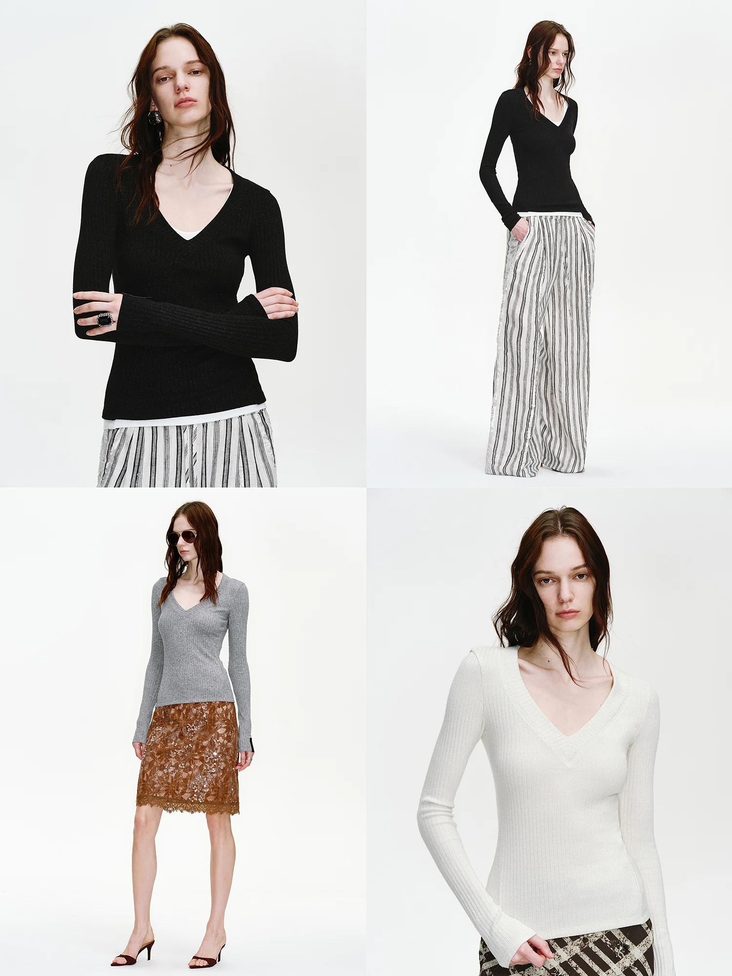 

ZhiEn Fu Knitted Tight Fit V-Ne Long Sve T-irt Women's Skin-Caring Breathable Smooth Texture Busin Casual Sle