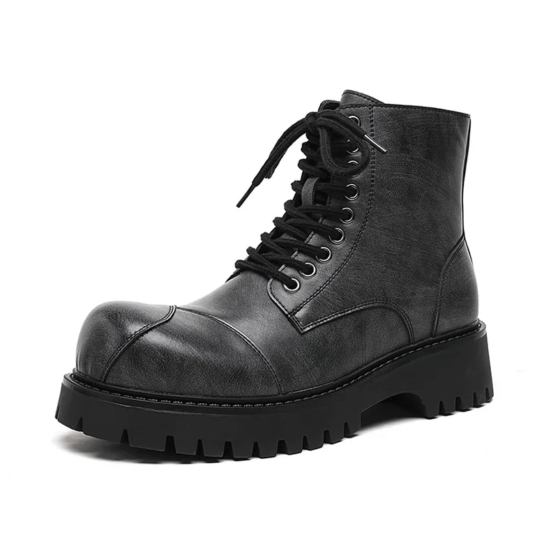 men fashion party nightclub high motorcycle boots lace-up original leather shoes cowboy platform boot cool long chunky botas man