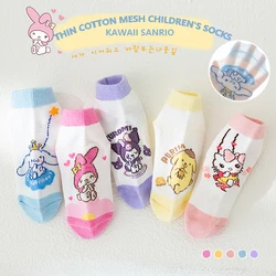 5 Pairs /lot Hello Kitty Cotton Socks Anime Sanrio Kuromi Summer Breathable Mesh Socks Cinnamoroll Cartoon Socks Children 1-12Y