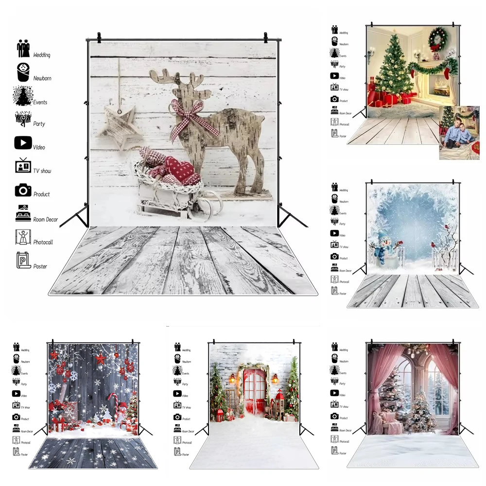 Laeacco Photo Backdrops Christmas Reindeer Sledge Gray Wooden Board Wall Star Xmas Tree Gift Kid Photo Backgrounds Photo Studio