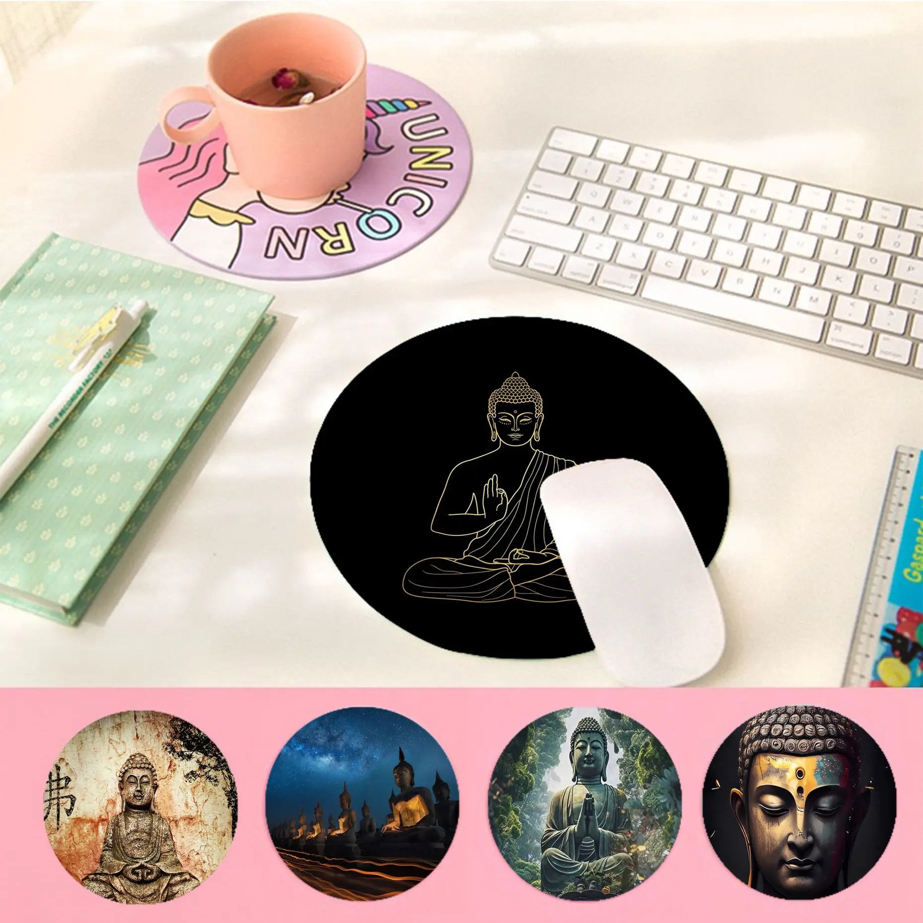 

Buddha Mousepad 20x20cm Round Desktop Desk Mat Kawaii Gaming Accessories Students Writing Pad Mouse Pad for PC Desk Pad