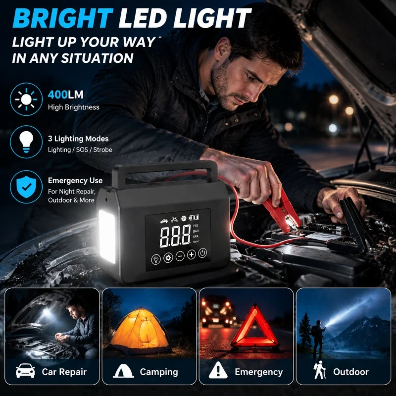 HIEHA Avviatore di Emergenza per Auto 4000A 4-in-1, Booster Batteria Portatile con Compressore d'Aria Gonfiatore Pneumatici 150PSI, Power Bank 15000mAh e Luce LED per Auto 12V, SUV, Moto, Disponibile