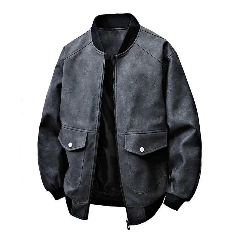 New Style Spring Autumn Men's Fashion Trends Loose Cargo PU Leather Jacket Casual Solid Stand-up Collar High Quality Coat