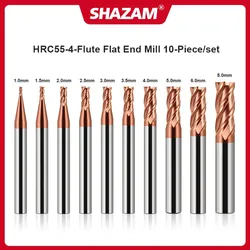 SHAZAM-cortador de fresado de 4 flautas HRC55, revestimiento Nano de carburo de tungsteno de acero para herramientas de molino de extremo plano CNC, 1,0mm-8,0mm, 10 piezas/juego