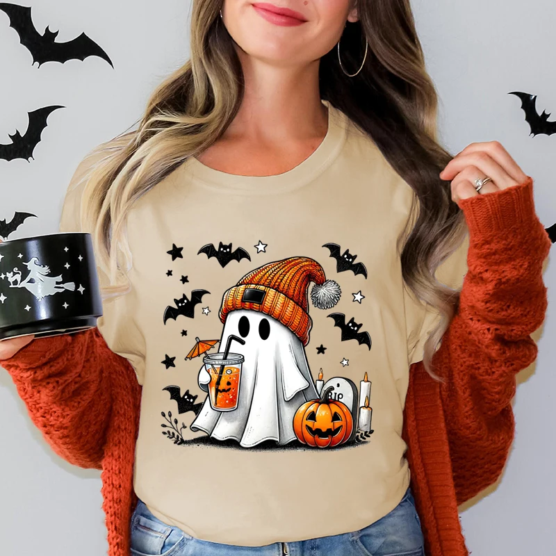 Halloween Ghost Pumpkin Bat Print Summer Casual T-shirts For Women O Neck Short-sleeved T-shirts Halloween T-shirt