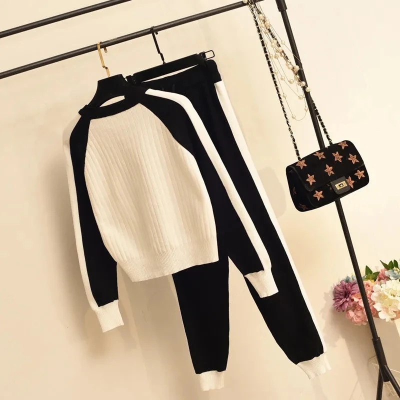 Womens Knitted Spliced Two Piece Sets Knit O-neck Sweater Tops Conjuntos Fashion Knitwear Harem Pants Suit Vintage Jersey Outfit