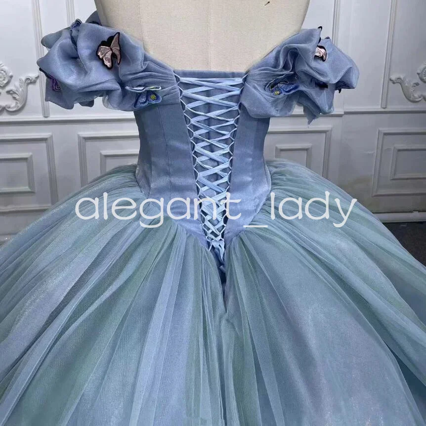 Cinderella Sky Blue Quinceanera Dresses 3D Butterfly Off Shoulder Lace-up Corset vestido de debutante para 15 anos princesa