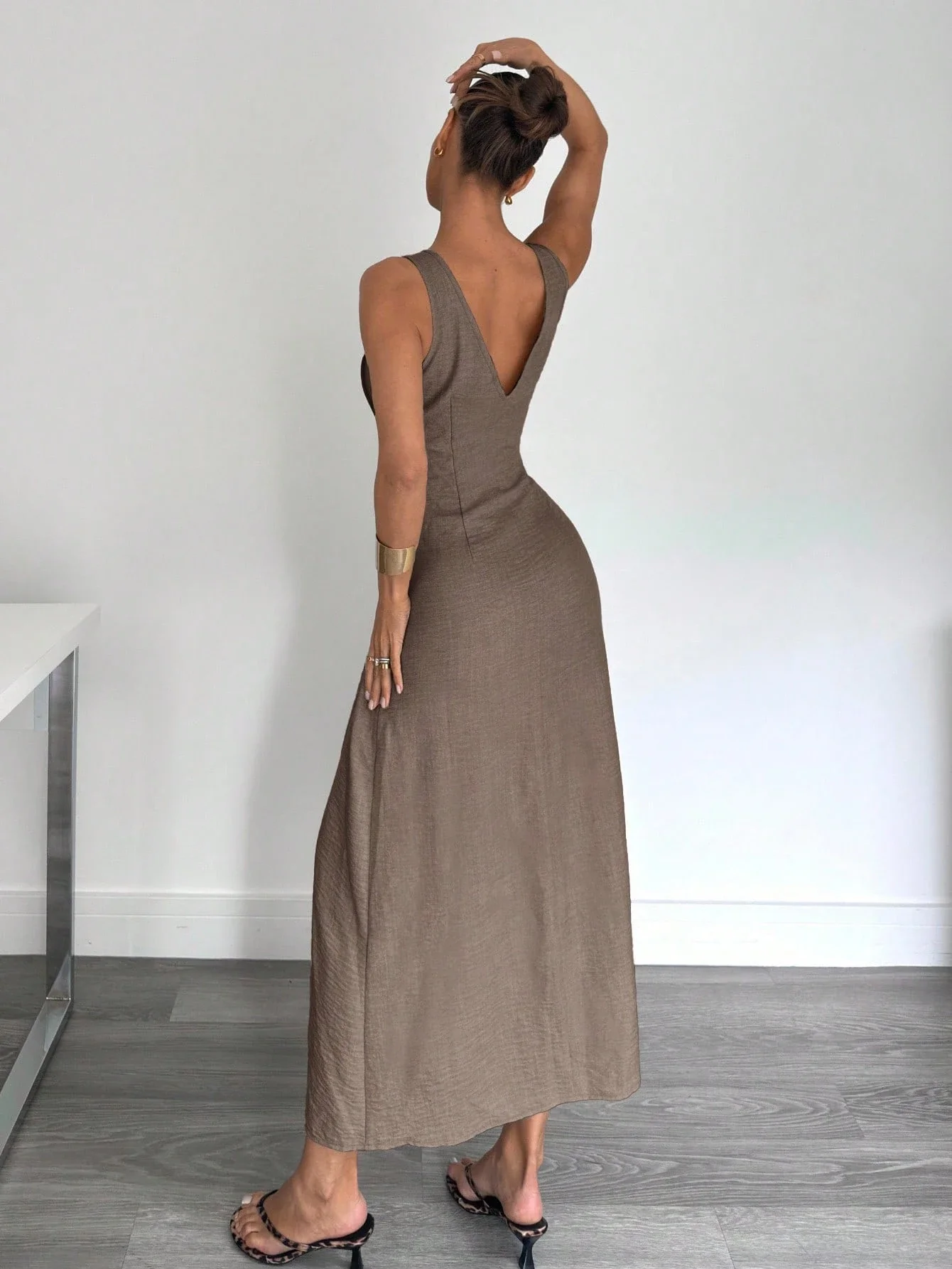 

Ruched Cinched Waist A-Line Long Dress For Women Brown Casual