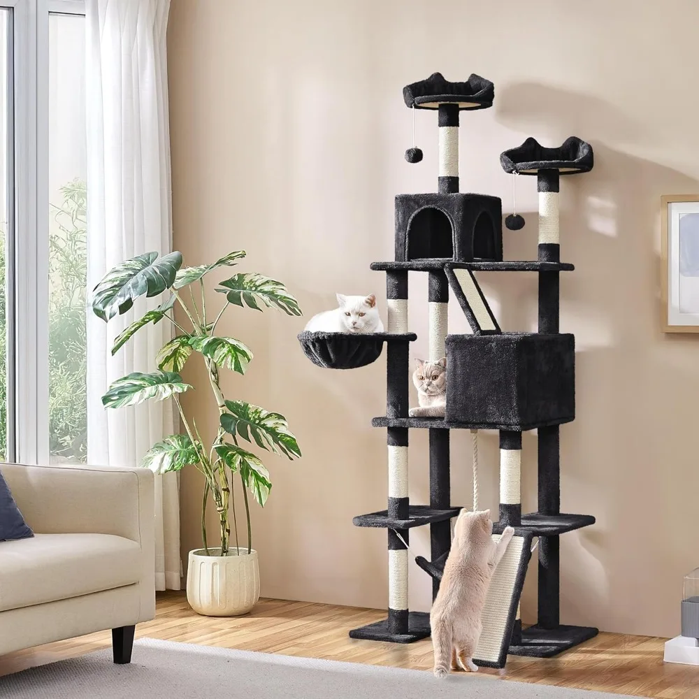 Bardzo Duży Drzewko dla Kota typu Tower o Wysokości 210 cm z Platformami, Przytulnym Schronieniem, 8 Słupkami do Drapania, Koszem i Wielopoziomowym Obszarze Zabaw