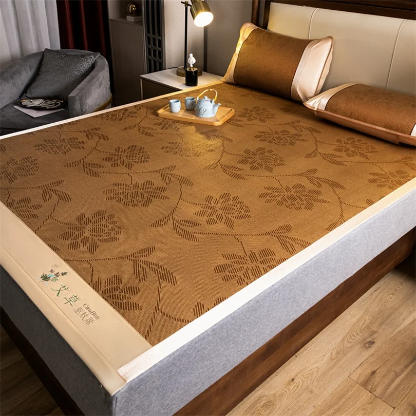 Bamboo Cooling Mat and Pillowcase, High End Ice Silk Bed Sheet Set, Non-Slip Comfortable Bed Mat, Naked Sleeping Cool Summer Pad