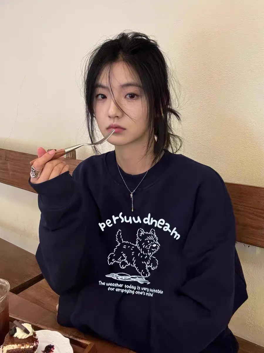 

Махровая толстовка без шапки, женские топы больших размеров, осенние вязаные топы с капюшоном и круглым вырезом в полоску, с буквенным принтом, эластичная резинка в корейском стиле